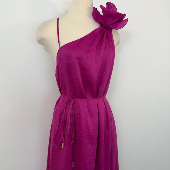 AJE Quintessa Flower Midi Dress in Deep Magenta Linen Silk Blend US 12 NWT - Picture 5 of 15